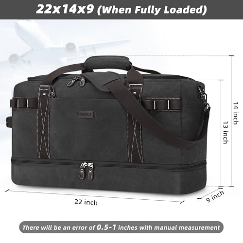ZOMFELT Travel Duffle Bag for Men, 45L Carry On Luggage 22x14x9 Airline Approved, Waterproof Canvas Overnight Duffel Bag with Removable Dividers, Weekender Gym bag with Shoe Pocket (Washed Black)