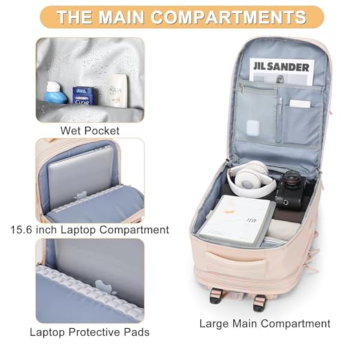 Farmer&Donkey Travel Backpack for Women Men, Waterproof Airlines Approved Carry On Backpack 15.6 Inch Laptop Backpack with USB Charging Port for Computer Bookbag for Business, School, Work(Beige)