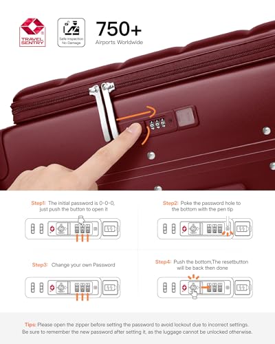 ISLAND ELEPHANT 20 Inch Carry On Luggage with Cup Holder and USB Port, Top Opening Hard Shell Suitcase with TSA Lock, Spinner Wheels, Airline Approved Lightweight, Woman Men Gifts-Wine Red