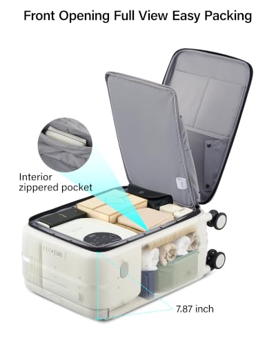 MILADA Wide Handle Carry On Luggage with Front Pocket Hardshell 20 Inch Front Opening Luggage with Spinner Wheels TSA Lock Aluminium Suitcase Airline Approved Carry-On Travel Luggage, White