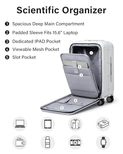 MILADA Wide Handle Carry On Luggage with Front Pocket Hardshell 20 Inch Front Opening Luggage with Spinner Wheels TSA Lock Aluminium Suitcase Airline Approved Carry-On Travel Luggage, White