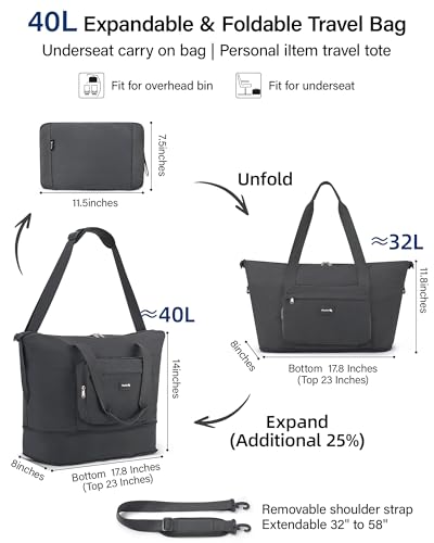 Hanke 40L Foldable Travel Tote Bags for Women Men, Expandable Weekender Bag with 11 Pockets, Wet Dry Separation, Laptop Compartment, Carry On Luggage Bag for Travel Gym Beach Daily Use(Grey)