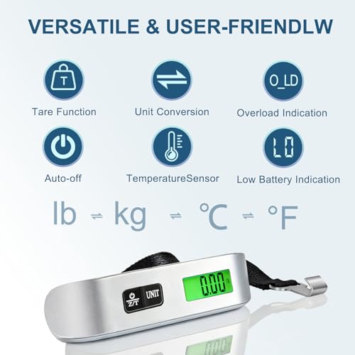 SkyStage Digital Luggage Scale, 110lb Suitcase Weight Scale for Travel with Backlit LCD Display, 4-Unit Switching, Portable Hanging Baggage Scale for Luggage, Backpacks, Packages (Battery Included)