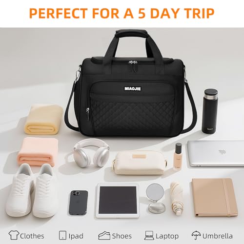 Travel Duffle Bag for Women, Underseat Carry On luggage Bag Foldable Overnight Weekender Hospital Bag Lightweight Airplanes Personal Item Travel Tote Bag for Women Birthday Gifts, 16IN Black
