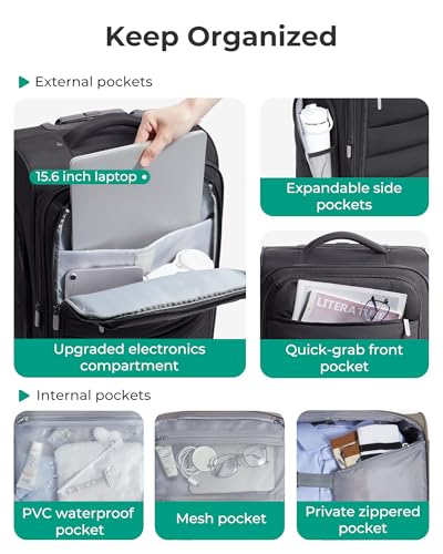 BAGSMART Carry On Luggage 22x14x9 Airline Approved, 20 Inch Soft Suitcase with Wheels, Lightweight Spinner Carry on Suitcase with PVC Wet/Dry Pockets for Short Trip, Black