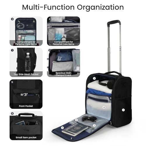16'' Softside Carry-On Luggage for Airplane,3-in-1 Underseat Carry On Luggage with Wheels,Scratch-Resistant Surface,Lightweight Durable Rolling Suitcase for Men/Women Business Trip（16'',Black）