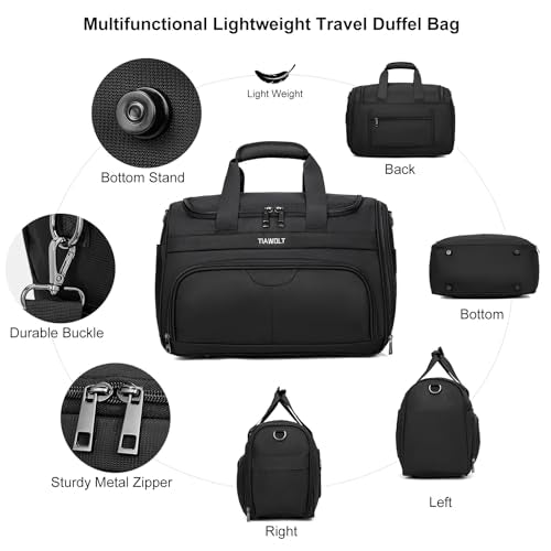 TIAWOLT Underseat Carry On Luggage Lightweight Travel Tote Weekender Bag Overnight Duffle for Trip, Travel Essentials Personal Item Travel Bag for Women and Men,Black