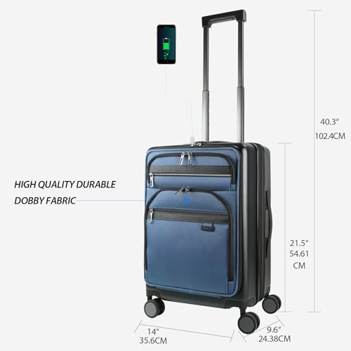 KROSER Hardside Expandable Carry On Luggage 22x14x9 Airline Approved With Front Business Pockets, 20 Inch Suitcases with Wheels, Carry on Suitcase with TSA Lock & USB Port, Black-Haze Blue