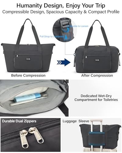 Hanke 40L Foldable Travel Tote Bags for Women Men, Expandable Weekender Bag with 11 Pockets, Wet Dry Separation, Laptop Compartment, Carry On Luggage Bag for Travel Gym Beach Daily Use(Grey)