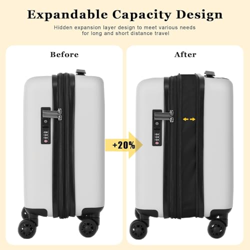 CENSIEN 16 Inch Underseat Carry On Luggage Airline Approved, Expandable Lightweight ABS+PC Hard Shell Suitcases with 360° Spinner Wheels, TSA Lock, YKK Zipper, for Business Weekender (White, 1 PC)