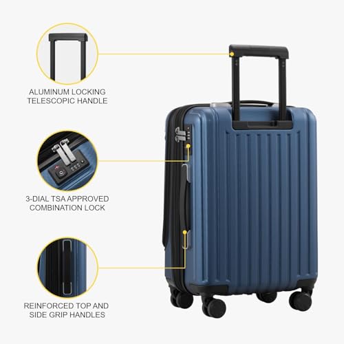 LEVEL8 Grace Carry on Luggage 22x14x9 Airline Approved, 20 Inch Hard Shell Suitcases with Spinner Wheels, Abs+Pc Hard Case Luggages with Tsa Lock for Airplane, Blue
