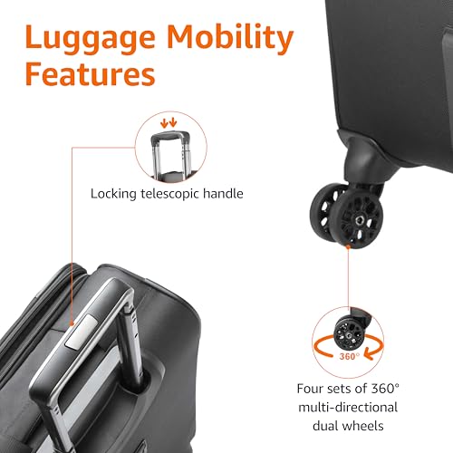 Amazon Basics 20" Carry-On Luggage, Softside Suitcase With TSA Lock, 8 Spinner Wheels, Telescoping Handle, Front Exterior Pocket, 3 Interior Pockets, Black