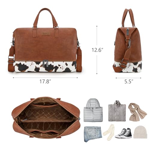 Wrangler Travel Duffel Bag Carry On Overnight Bag with Shoe Compartment Cow Print Weekender Bag for Women WG253-5110COW-BR