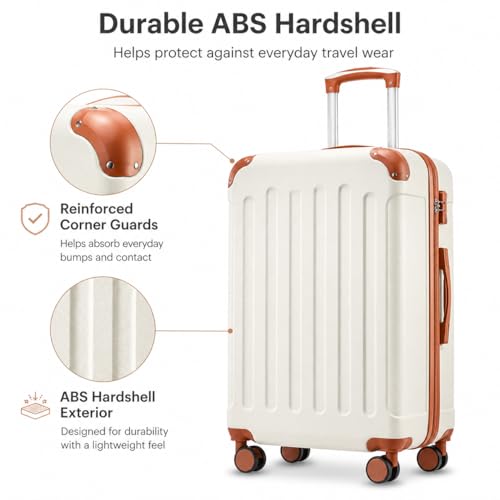 YOETEY Carry On Luggage 22x14x9 Airline Approved, Hardside Suitcase with Wheels, TSA Approved, Tote Bag, White Brown