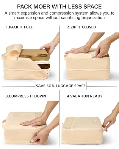 Hanke 7 Piece Expandable Compression Packing Cubes, Premium Travel Packing Organizers for Suitcases/Carry On, Luggage Organizer Bags with Breathable Mesh & Label,Off White