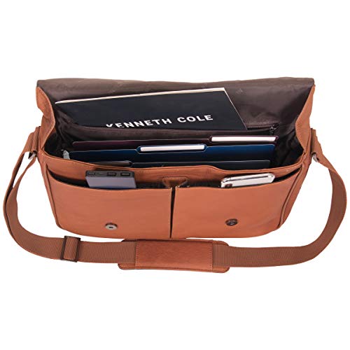 KENNETH COLE REACTION Risky Business Full-Grain Colombian Leather Crossbody Case & Tablet Day, Cognac, 15.6" Laptop Messenger Bag