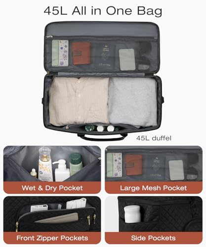 CLOKARS Travel Duffle Bag, Wide Open Large Weekender Bag for Women with Shoe Compartment, Carry on Overnight Bags with Toiletry Bag, Hospital Bag for Women Labor Delivery with Wet Pocket (Black)