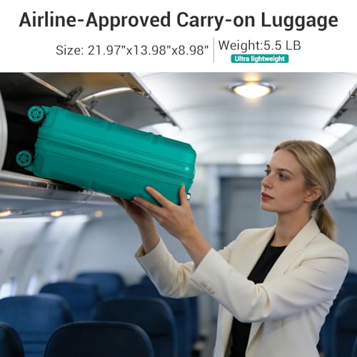 Kono Carry On Luggage 22x14x9 Airline Approved with Spinner Wheels,Lightweight PC+ABS 20 Inch Luggage with TSA Lock,Expandable Hard Shell Carry On Suitcases for Men Women,Turquoise