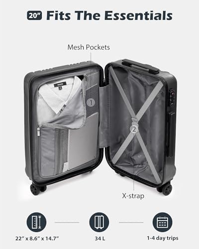 Coolife Luggage PC+ABS Hardshell Suitcase with TSA Lock, Spinner Carry On Lightweight (silver, S(20in_carry on))