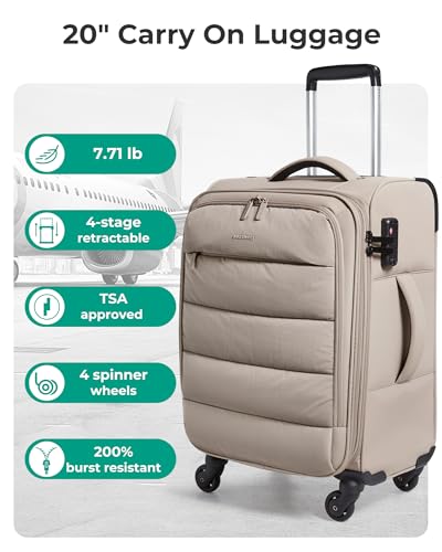 BAGSMART Carry On Luggage 22x14x9 Airline Approved, 20 Inch Soft Suitcase with Wheels, Lightweight Spinner Carry on Suitcase with PVC Wet/Dry Pockets for Short Trip, Camel