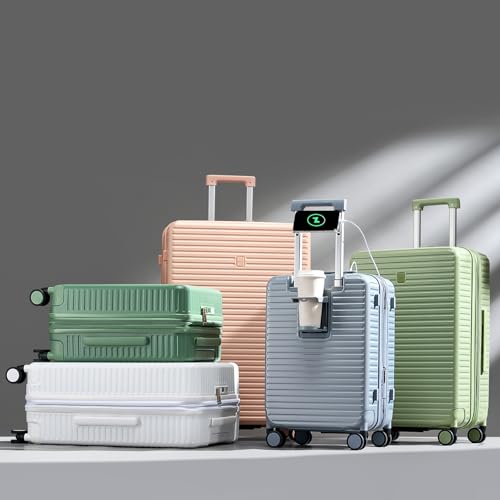 HanTrip Hard Shell Suitcases 20 Inch Carry on Luggage Airline Approved, Expandable Travel Luggage with Cup Holder Charger Built in Lightweight Small Suitcase with Wheels, Pink