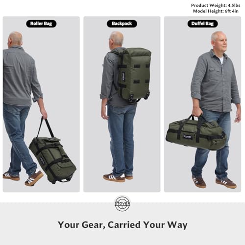 STOVER 45/100L Carry-On U-Zip Rolling Duffel Bag with Wheels, Medium Durable Travel Duffle w/Toiletry Bag, Heavy-Duty, Packable w/Shoulder Straps- Use as Luggage or Backpack, Men/Women (Green)