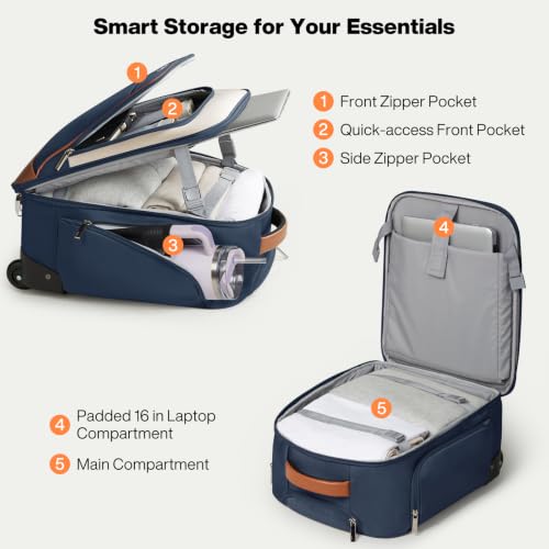mixi 16 Inch Underseat Carry-On Luggage, Softside Suitcase with Wheels, Fashion Lightweight Water-Resistant Personal Item Travel Bag for Short Trips, Deep Blue-Off white