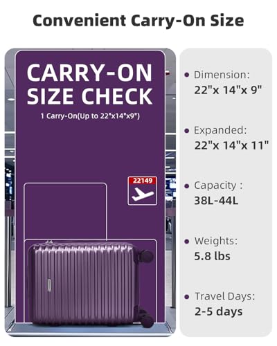 LARVENDER Carry on Luggage 22x14x9 Airline Approved, Expandable 20 Inch Hardside Suitcase with Wheels TSA Lock, PC+ABS Lightweight Carry on Suitcases for Women and Men, Royal Purple (20/DB/TB)