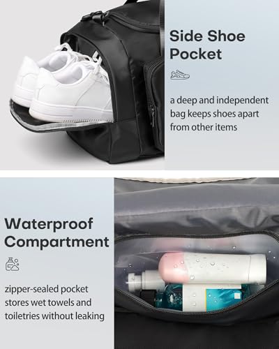 HOTOR Gym Bags for Men & Women - Spacious Duffle Bag with Shoe Compartment & Wet Pocket, Carry On Weekender Bag Portable Sports Duffel Bag for Workout, Fitness, Travel, Black, 20.5" x 11.0" x 10.6"