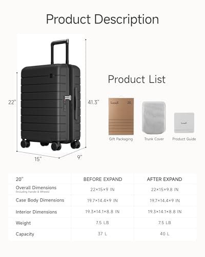 LUGGEX Carry On Luggage 22x14x9 Airline Approved,HUP3 Accelerate Access with DiHook, Handy Pouch, 20 inch Expandable Hard Shell Suitcases with Spinner Wheels (EX-Enhance,Reef Black,20 Inch,37L-41L)
