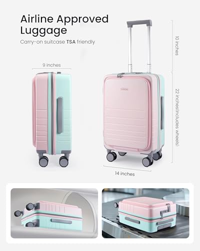 LOVEVOOK Hard Shell Carry On Luggage 22x14x9 Airline Approved,22 Inch Cute Carry On Suitcase with Spinner Wheel TSA Lock,Lightweight Travel Luggage Rolling Suitcase,Gifts for Men Women,Pink-Mint green