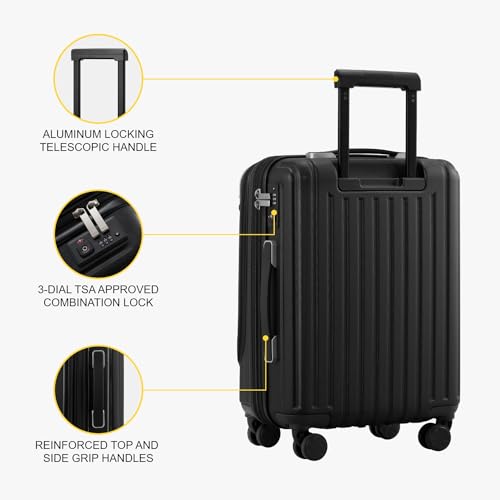 LEVEL8 Grace Hard Shell Carry on Luggage with Front Compartment, 20 Inch Expandable Suitcases with Wheels, Lightweight Carry-on Suitcase for Airplane, Tsa Lock, Black