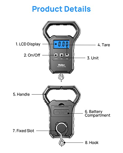 Meilen Fishing Scale,110lb/50kg Hanging Luggage Weigh Scale Unit with Backlit LCD Display, Suitcase Luggage Weigh Divice with Large Handle, Digital Postal Unit Fishing Gifts for Men
