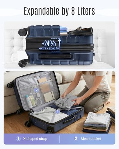 LIGHT FLIGHT Carry On Luggage 22x14x9 Airline Approved, Expandable Carry On Suitcases with Wheels, Lightweight Luggage, Durable Hard Shell 20 Inch Rolling Suit Case for Men Women Travel, Dark Blue