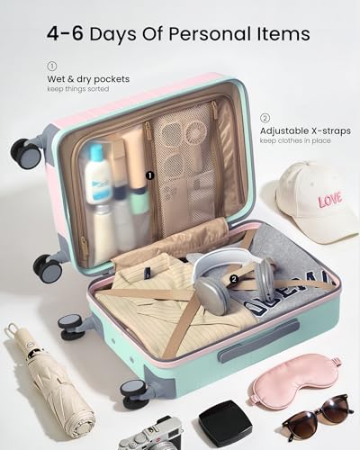LOVEVOOK Hard Shell Carry On Luggage 22x14x9 Airline Approved,22 Inch Cute Carry On Suitcase with Spinner Wheel TSA Lock,Lightweight Travel Luggage Rolling Suitcase,Gifts for Men Women,Pink-Mint green