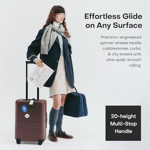 July Carry On with CaseSafe - 20" Built in Tracking, Airline Approved Carry On Luggage with Wheels, Travel Suitcase for Men & Women - Polycarbonate Shell, USB Ports & Ejectable Battery - Dark Brown