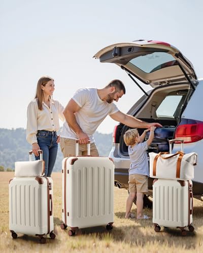 YOETEY Carry On Luggage 22x14x9 Airline Approved, Hardside Suitcase with Wheels, TSA Approved, Tote Bag, White Brown