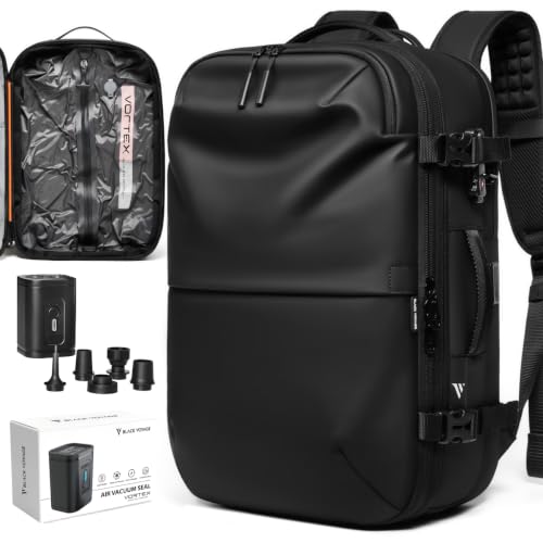 BlackVoyage Vortex Vacuum Seal Travel Backpack 60L Expandable Air Compression System Water Resistant TSA Lock Carry-On Suitcase Luggage Black AERO Essential Series Vacuum Pump Included