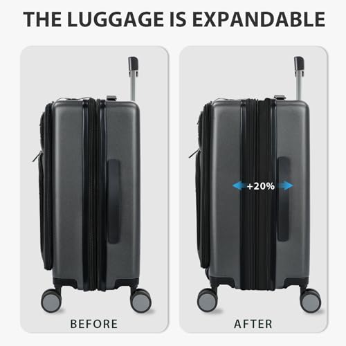 KROSER Hardside Expandable Carry On Luggage 22x14x9 Airline Approved With Front Business Pockets, 20 Inch Suitcases with Wheels, Carry on Suitcase with TSA Lock & USB Port, Steel Grey