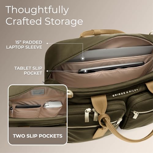 Briggs & Riley Multi-Pocket Cabin Bag - Carry On Luggage for Travel, Softside Bag for Men & Women, Fits in Overhead Bin, Two Slip Pockets, Fits up to 15" Laptop - Rhapsody Collection, Olive