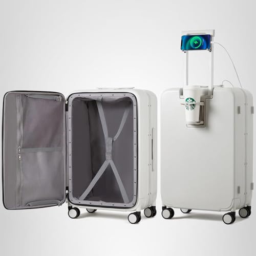 mixi Carry On Luggage with Cup Phone Holder and Charger Hard Shell Suitcases with Spinner Wheels, 20 Inch Smoke White
