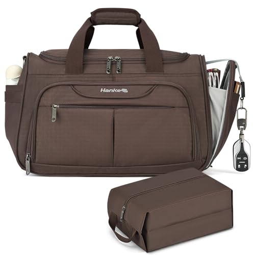 Hanke Large Capacity Travel Duffel Bag, Carry On Luggage with 12 Pockets, 17 Inch Laptop Compartment, Wet Dry Separation & Independent Shoe Bag, Lightweight Foldable Duffel Bag for Women Men（Coffee）