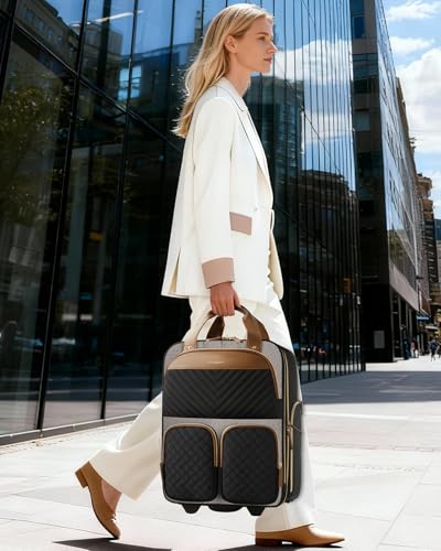 Arcoyard Underseat Carry On Luggage with Wheels, Multiple Compartments Airline Approved Personal Item Bag, Travel Carry-On with Leather Handle, Lightweight Rolling Suitcase for Women, Grey Brown
