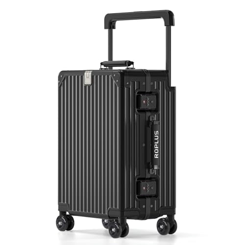ROPLUS Aluminium Frame Carry on Luggage with Smooth Jelly Wheels, Hardside Zipperless Rolling Suitcase with TSA Lock (Pure Black, 21-Inch)