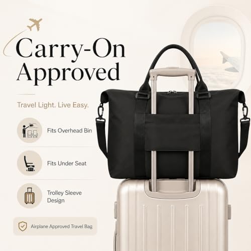 Travel Duffle Bag, Weekender Travel Bag Men Small Gym Bag for Women, Hospital Bag for Labor and Delivery, Overnight Bag Luggage Bag with Trolley Sleeve, Airplane Travel Essentials for Flying(Black)