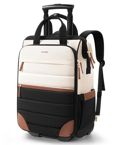 Rolling Puffer Backpack for Women, Travel Backpack with Wheels, 16 Inch Wheeled Laptop Backpck, Dual-Opening Design Overnight College Underseat Carry on Luggage, Roller Business Work Bag, Beige Brown