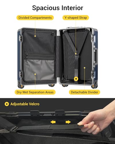 LEVEL8 Carry On Luggage Airline Approved Zipperless with Aluminum Frame, Hard Case Luggage with Spinner Wheels, Metal Travel Suitcase with Double Tsa Locks, 20 Inch, Blue
