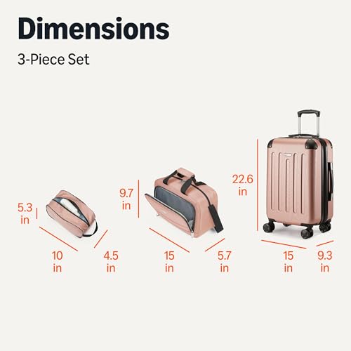 Amazon Basics 3-Piece Luggage Set, Including One 22" Expandable Hardside Suitcase With 8 Spinner Wheels, One 15-inch Tote Bag, and One 10-inch Compact Travel Bag, Rose Gold