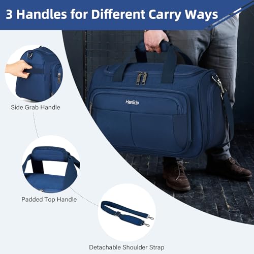 HanTrip Carry on Duffel Bag Foldable Duffle Bags for Travel, Under Seat Personal Item Bags for Airplanes, Weekender Overnight Mens Travel Tote Bag for Women Small Softside Carry on Luggage (Blue)