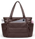 Tote Bag for Women with Zipper, Quilted Puffer Tote Bag with Compartments, Lightweight Puffy Work Bags for Women Travel (Dark Brown)